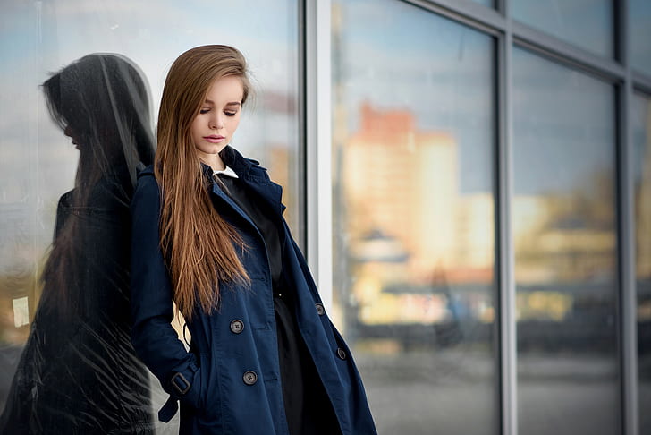langes Haar, glattes Haar, blauer Mantel, Alexander Makushin, geschlossene Augen, Model, Hände in den Taschen, Julia, Frauen, Brünette, HD-Hintergrundbild