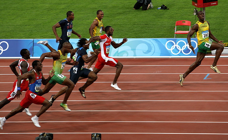 мъжка жълта риза и зелени къси панталони, Usain Bolt, Run, HD тапет