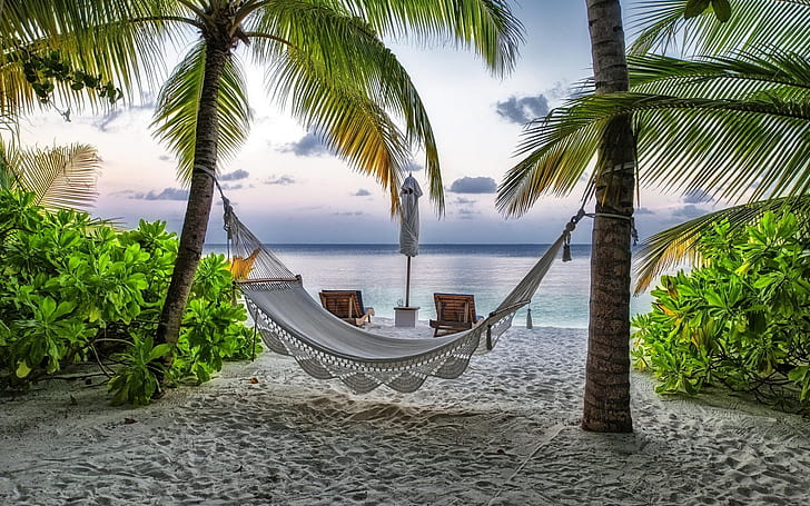 Beach Relaxing Corner, plaża, palmy, piasek, ocean, egzotyka, Tapety HD