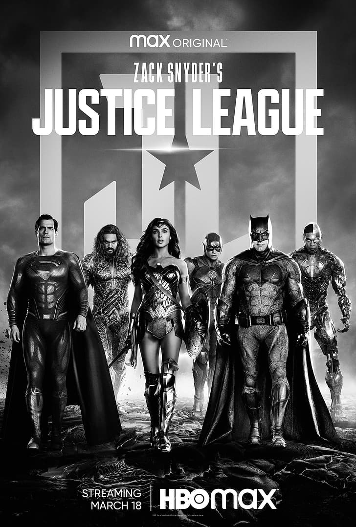 Zack Snyder's Justice League, Superman, Aquaman, Wonder Woman, The Flash, Batman, cyborg, DC Comics, HBO Max, movies, portrait display, monochrome, superhero, DC Universe, HD wallpaper