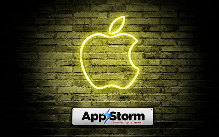 App storm, Apple, Mac, Wall, Brick red, Yellow, Shadow, HD wallpaper