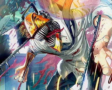 Chainsaw Man, Denji (Человек с бензопилой), разноцветный, бензопилы, кровь, HD обои HD wallpaper