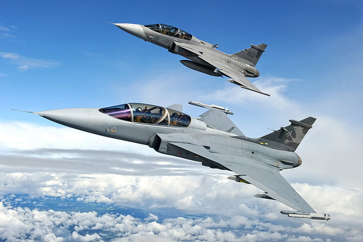 Saab Jas 39 Gripen, two gray fighter jets, Aircrafts / Planes, , blue, sky, aircraft, flying, two, HD wallpaper
