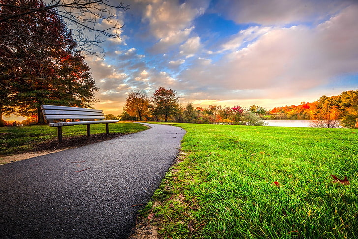 brown bench near river and trees painting, curved pathway between grass fields, sunset, path, bench, park, trees, clouds, grass, fall, nature, landscape, green, HDR, HD wallpaper