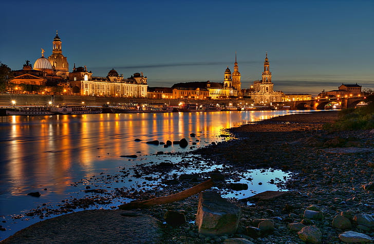 Dresden, Deutschland, Dresden, Deutschland, germany, city, houses, Buildings, river Elbe, Night, beach, stones, lights, bridge, boats, HD wallpaper