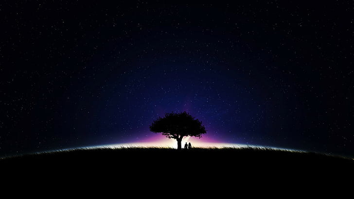 night, grass, sky, stars, trees, boy and girl, love, night, grass, sky, stars, trees, boy and girl, HD wallpaper