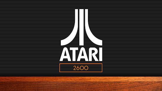 Atari 2600-logotyp, Atari, videospel, logotyp, trä, mörk, minimalism, HD tapet HD wallpaper
