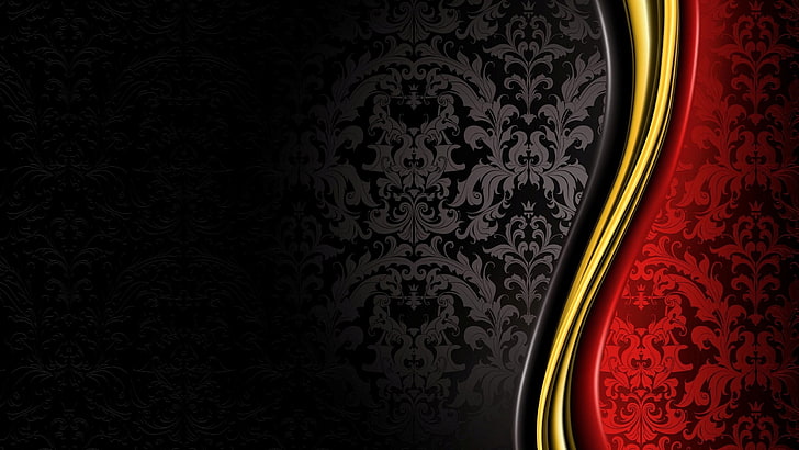 black, yellow, and red damask wallpaper, luxury, royal, black, gold, red, abstract, HD wallpaper