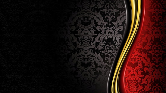 черен, жълт и червен дамаски тапет, лукс, кралски, черен, златен, червен, абстрактен, HD тапет HD wallpaper