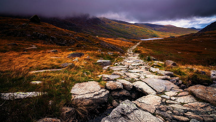 Wales, Great Britain, autumn, stone, path, clouds, grass, gray rocks and green grass, Wales, Great, Britain, Autumn, Stone, Path, Clouds, Grass, HD wallpaper