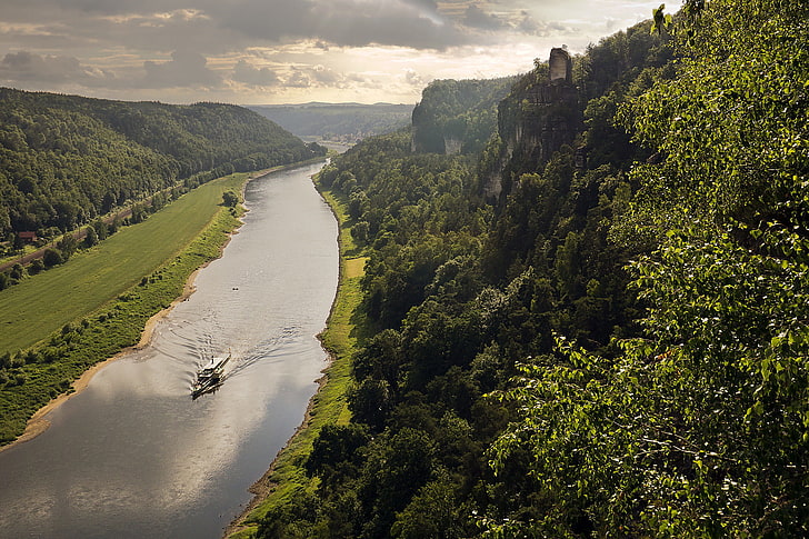 clouds, reflection, rocks, boat, Germany, mirror, horizon, Saxony, the river Elbe, Elbe Valley, HD wallpaper
