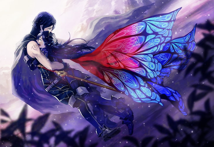 female and male anime character wallpaper, fire emblem, lucina, krom, tears, weapons, flying, art, HD wallpaper