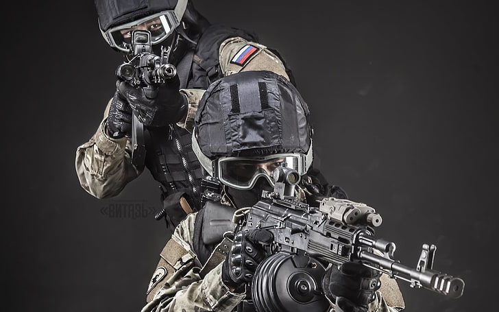 two soldiers illustration, helmet, special forces, Kalashnikov, airsoft, stritbola team, knight, HD wallpaper