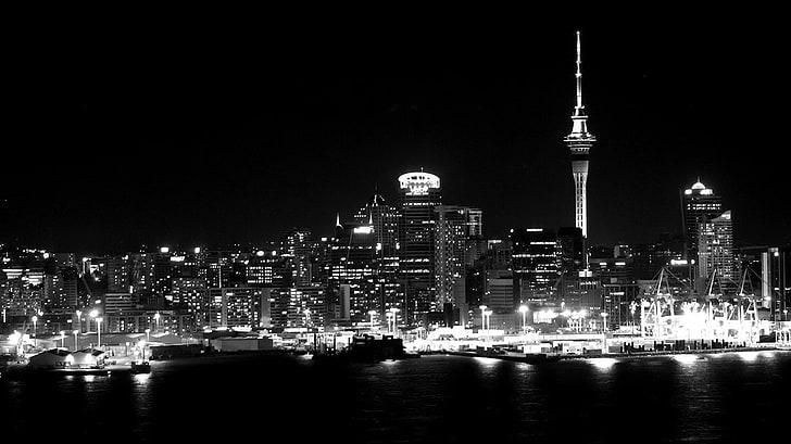 grayscale photography of cityscape near body of water, monochrome, cityscape, night, lights, HD wallpaper