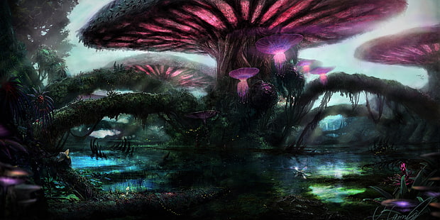 фантазия, гора, магически, гъби, лилаво, дърво, HD тапет HD wallpaper