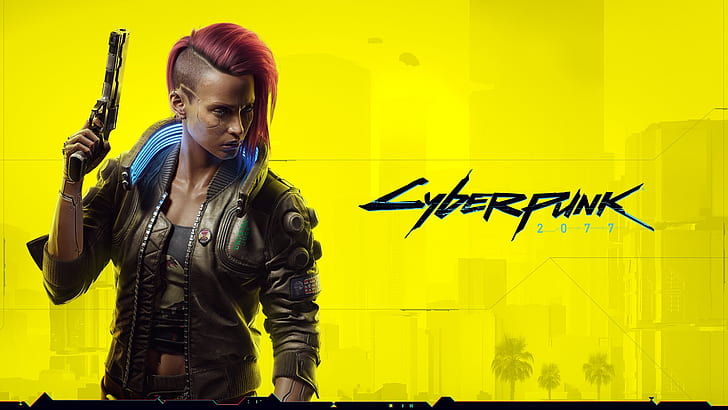 Cyberpunk 2077, V, cyberpunk, rödhårig, gul bakgrund, rakat huvud, vapen, pistol, jacka, gul, neonglöd, HD tapet
