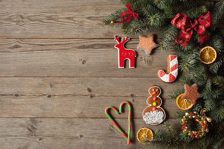 Merry Christmas!, red, deco, craciun, card, gingerbread, texture, reindeer, chrismtas, wood, HD wallpaper