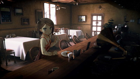 kantoku, anime girl, cafeteria, moe, dessert, Anime, HD wallpaper HD wallpaper