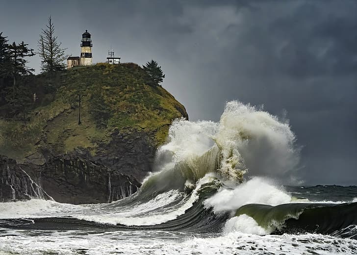 USA, storm, waves, coast, lighthouse, sea, HD wallpaper