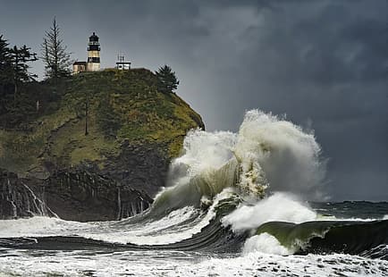 САЩ, буря, вълни, крайбрежие, фар, море, HD тапет HD wallpaper