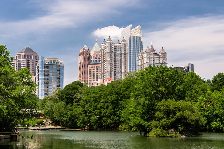white concrete buildings, trees, lake, Park, USA, Georgia, Midtown, Piedmont, Atlanta, HD wallpaper