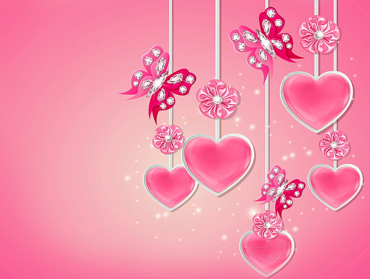 ピンクのハートと蝶の装飾、蝶、ハート、ダイヤモンド、愛、弓、ピンク、ロマンチック、蝶、デザインbyマリカ、 HDデスクトップの壁紙