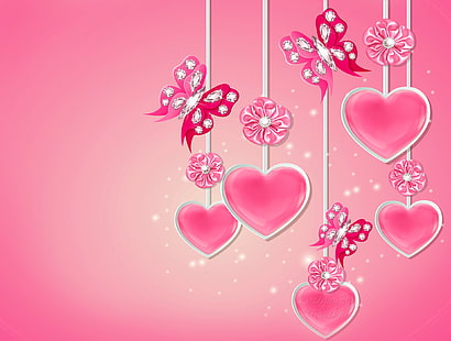 розовые сердечки и бабочки декоры, бабочки, сердечки, бриллианты, любовь, бант, розовые, романтичные, бабочки, Дизайн Marika, HD обои HD wallpaper