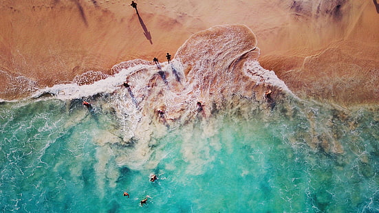 water, people, drone view, aerial photography, aerial view, beach, sea, seashore, HD wallpaper HD wallpaper