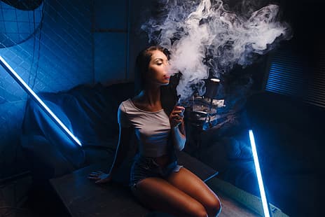 Кальян, дым, женщины, брюнетка, курение, фары, неон, HD обои HD wallpaper