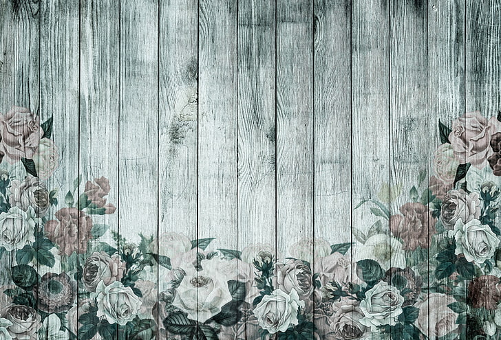 gray wooden planks, flowers, retro, Wallpaper, roses, wood, vintage, HD wallpaper