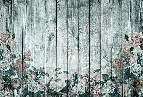 szare deski drewniane, kwiaty, retro, tapeta, róże, drewno, vintage, Tapety HD HD wallpaper