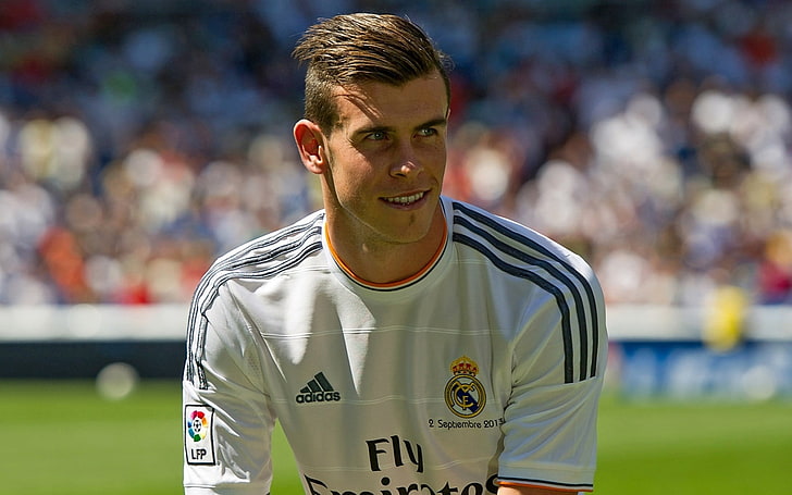 men's white and black Adidas soccer jersey, Gareth Bale, Real Madrid, men, HD wallpaper