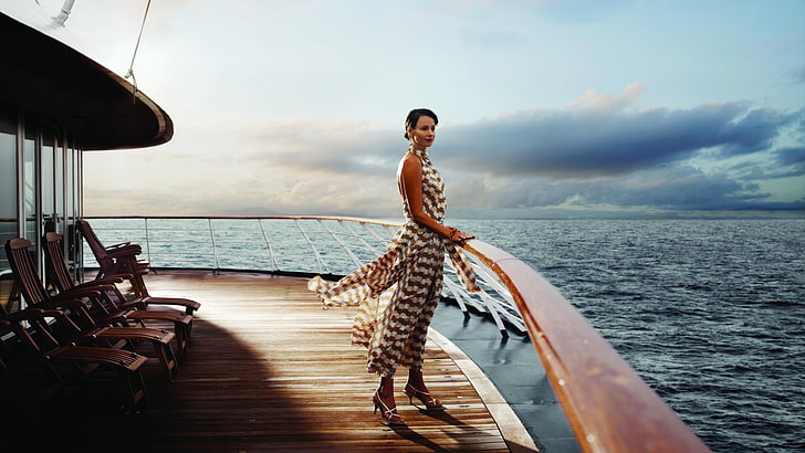 cruise ship, ship, windy, deck chairs, sea, women, HD wallpaper