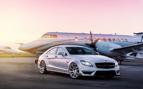 srebrny Mercedes-Benz sedan, samolot, tuning, Mercedes, Mercedes Benz CLS, Tapety HD HD wallpaper