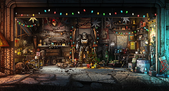  The game, Christmas, New year, Weapons, Decoration, Garage, Holiday, Fallout, Art, Tree, Toys, Bethesda, Bethesda Game Studios, Fallout 4, Brotherhood of Steel, Vault Boy, Vault-TEC, Vault Tec, Vault-Boy, Boltyboy, The Brotherhood Of Steel, by Digital Frontiers, Digital Frontiers, Fallout 4 Christmas, HD wallpaper HD wallpaper