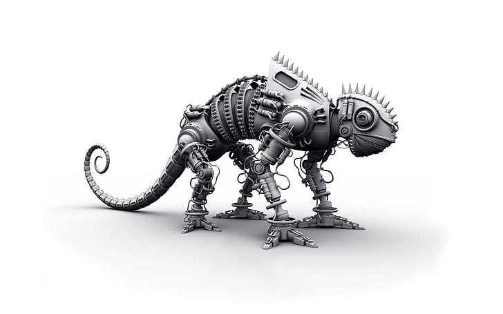 grå kameleontrobotillustration, dinosaurie, metall, form, silver, leksak, HD tapet