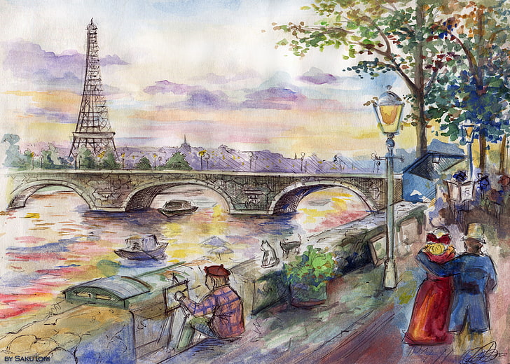 люди возле моста иллюстрация, мост, рисунок, париж, арт, художник, живопись, HD обои