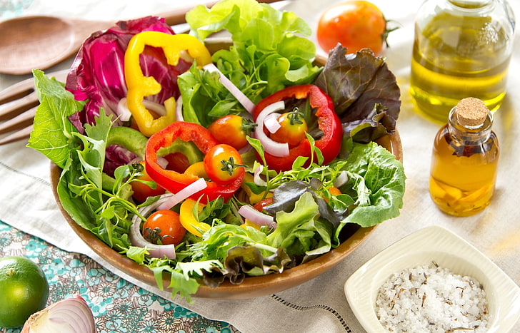 vegetable salad, oil, bow, pepper, tomatoes, salad, HD wallpaper