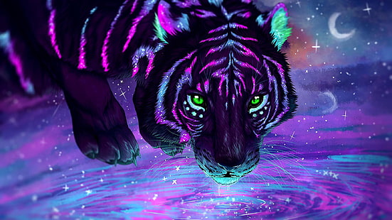 ilustração de tigre roxo e azul, tigre, água, olhos verdes, néon, animais, roxo, HD papel de parede HD wallpaper