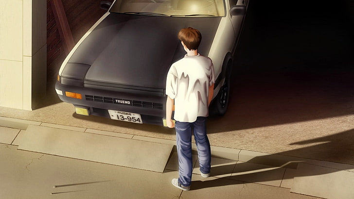 мультипликационный персонаж мужского пола, стоящий рядом с автомобилем, аниме, Initial D, Toyota Corolla AE86, Toyota AE86, AE86, японские автомобили, Такуми Фудзивара, HD обои