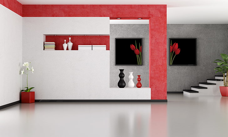 white, red, and black ceramic vases, flowers, Palma, room, ladder, stage, vase, modern, folder, HD wallpaper