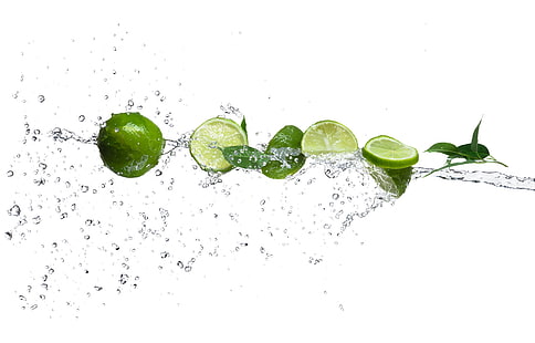sliced limes, water, drops, squirt, lime, citrus, slices, HD wallpaper HD wallpaper