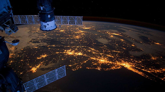 noche, espacio, satélite, luces, planeta, estrellas, universo, tierra, continentes, Fondo de pantalla HD HD wallpaper