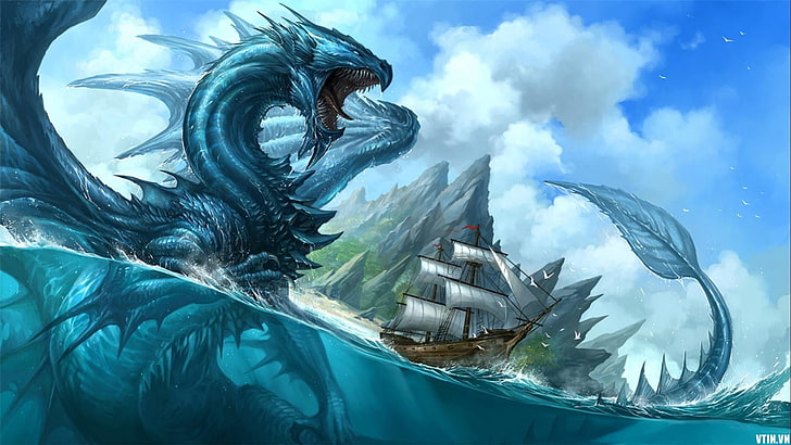 илюстрация на син дракон, дракон, вода, море, планини, небе, лодка, кораб, зъби, разцепен изглед, фантастично изкуство, HD тапет