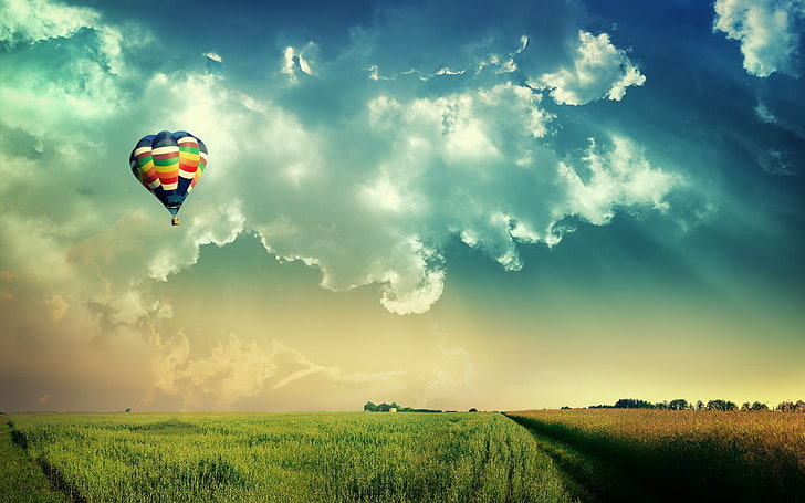 multicolored hot air balloon, hot air balloons, field, clouds, nature, landscape, digital art, HD wallpaper