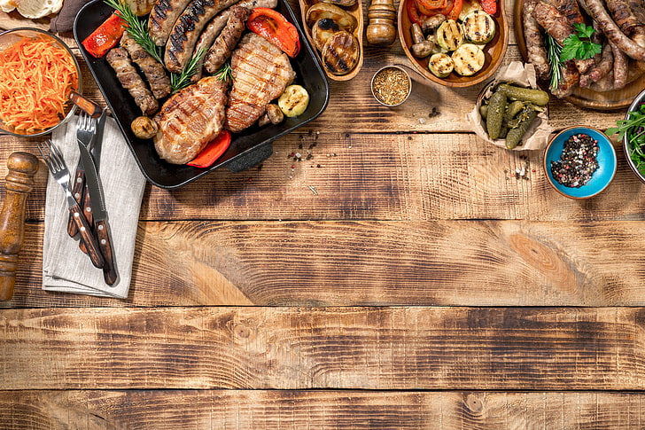 Brot, Fleisch, BBQ, Gemüse, Soße, Holz, Grill, gegrillt, HD-Hintergrundbild