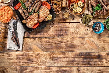 パン、肉、バーベキュー、野菜、ソース、木、グリル、グリル、 HDデスクトップの壁紙 HD wallpaper