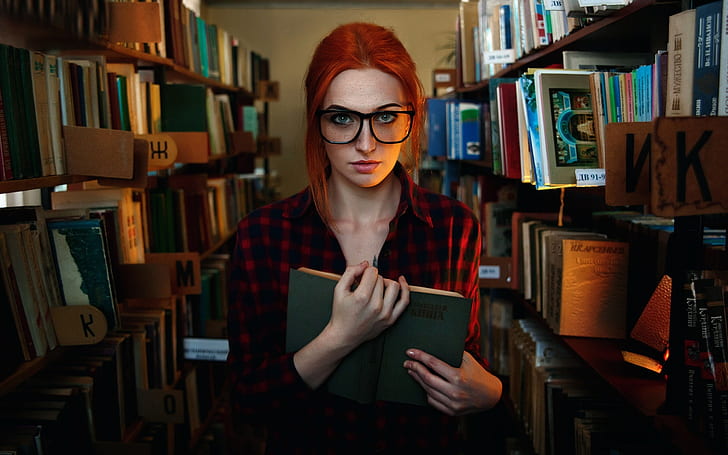 Red hair girl, freckles, glasses, library, reading book, Red, Hair, Girl, Freckles, Glasses, Library, Reading, Book, HD wallpaper