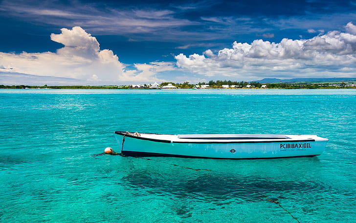 Mauritius, perahu, pulau, awan, air, laut, Wallpaper HD