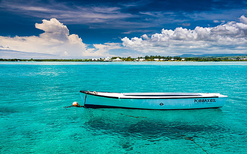 Mauritius, boat, island, clouds, water, sea, HD wallpaper HD wallpaper